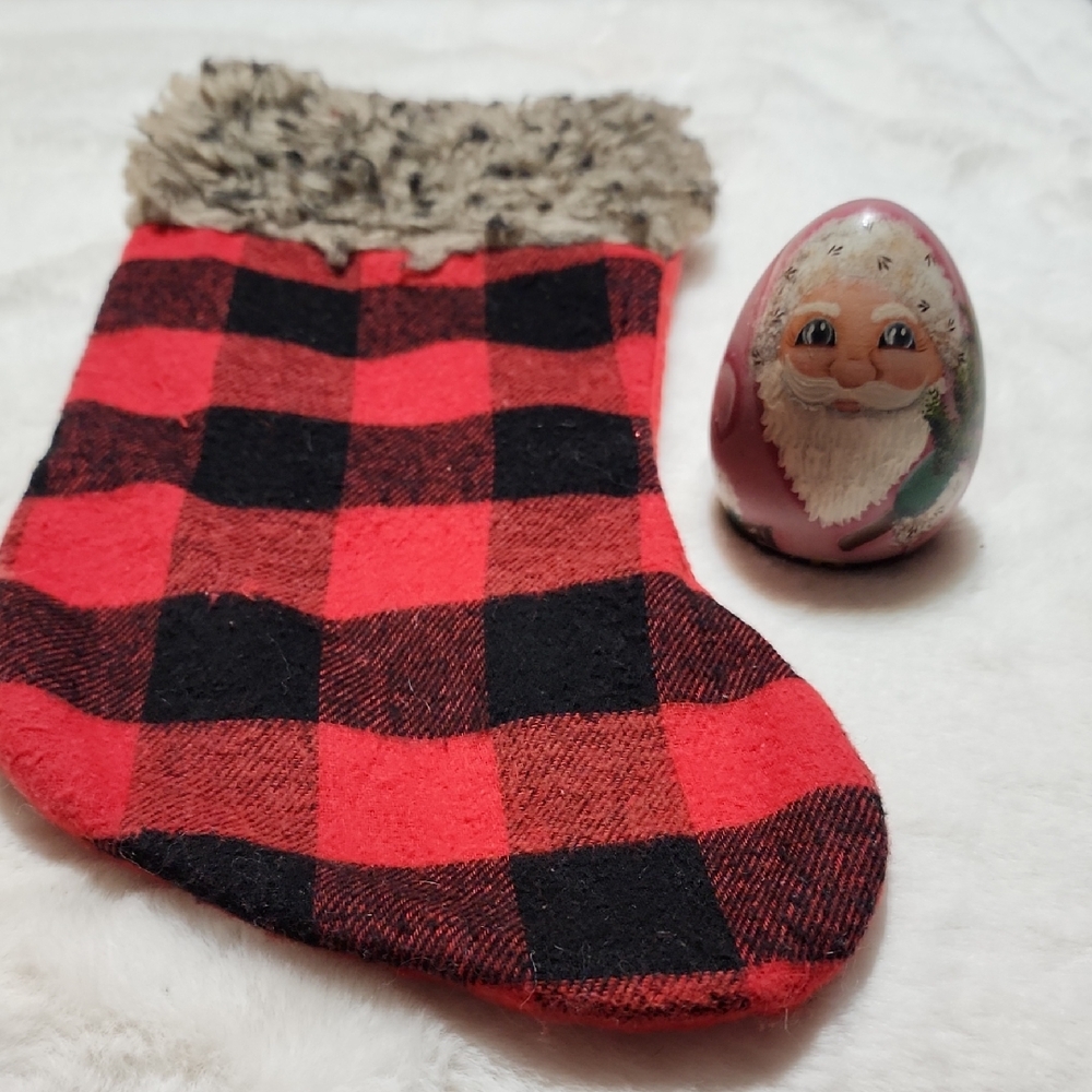 CHRISTMAS STOCKING & WOODEN  HEAVYWEIGHT SANTA CLAUS  EGG.
